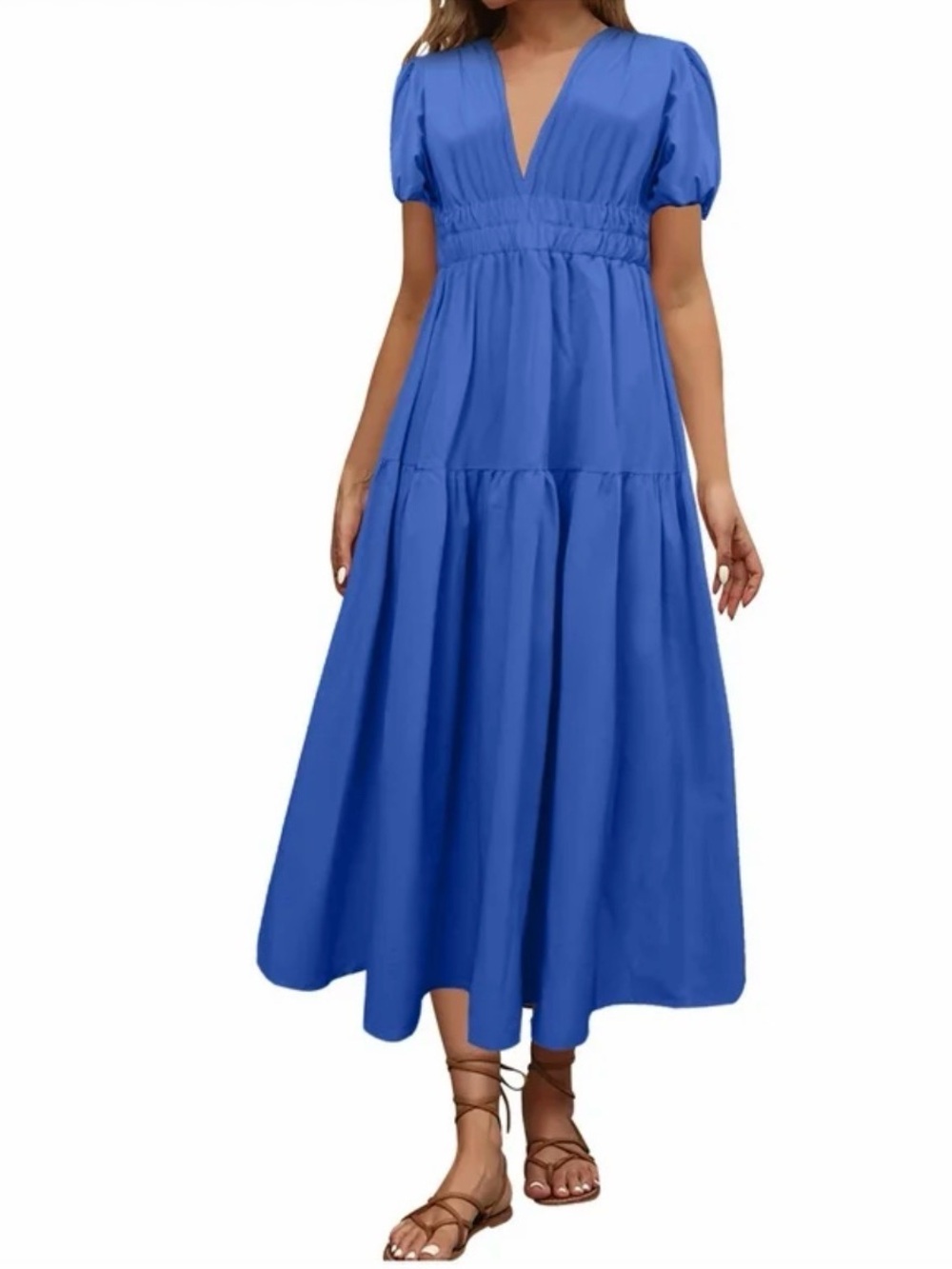 Cobalt Blue V-Neck Puff Short Sleeve Maxi Dress Large Summer Bridal shower